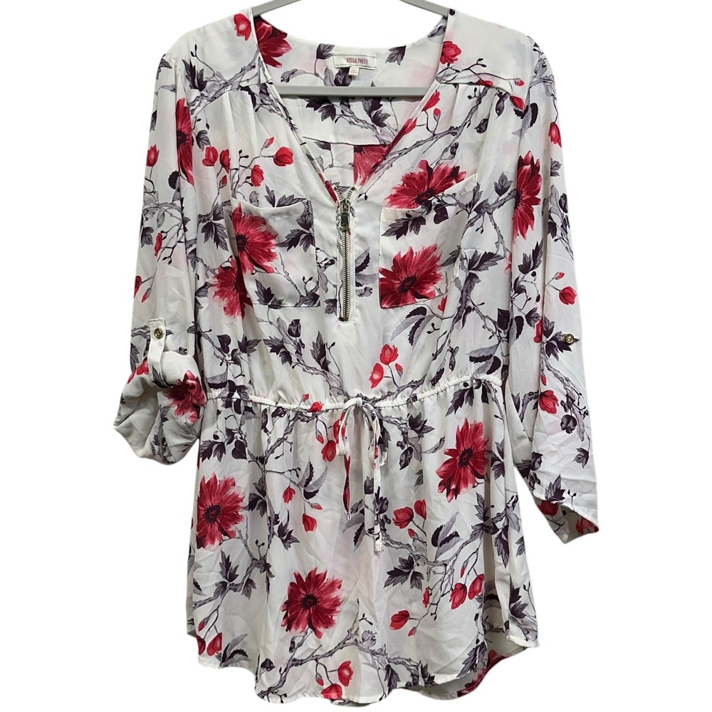 Stella Tweed Blouse Womens 1X Floral Zip V Neck Drawstring Tunic Top White